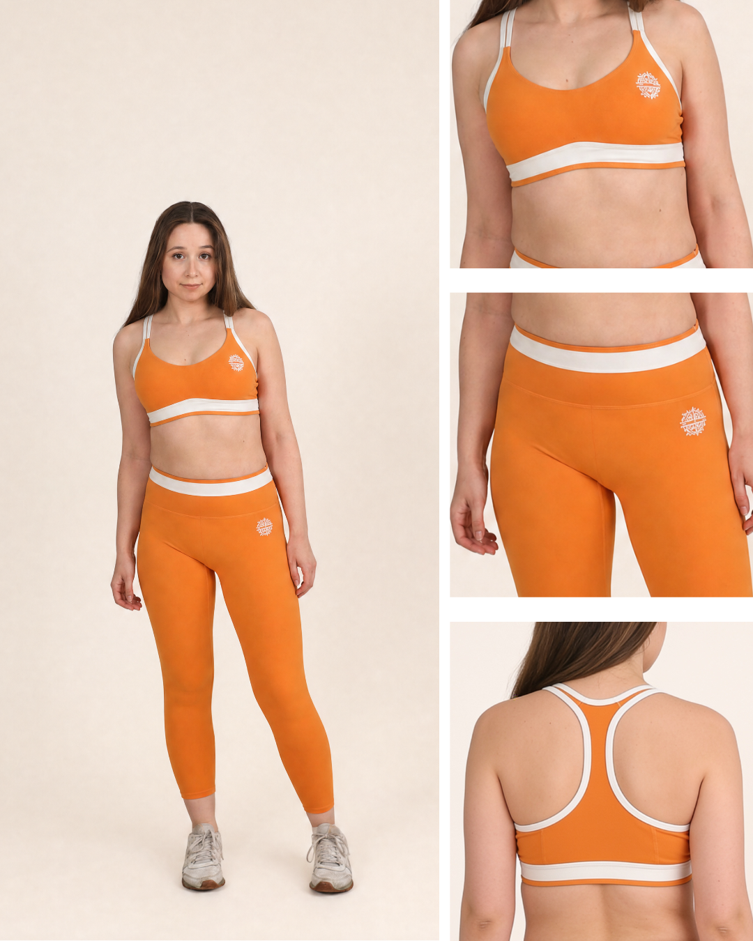 Orange athletic outfit with sports bra and leggings on a beige background